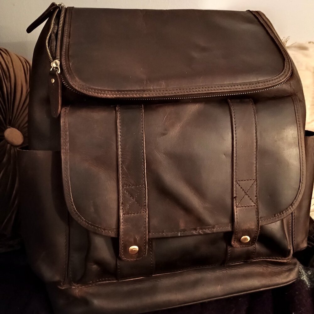 Full grain brown leather laptop backpack